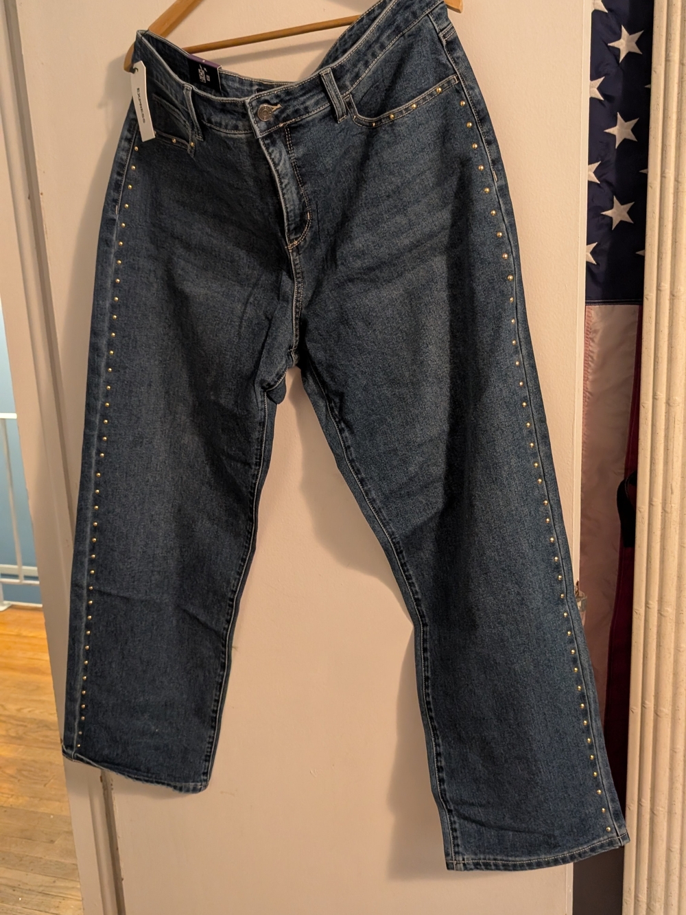 Express Women's Straight Leg Dark Blue Jeans with Side Stud Trim
